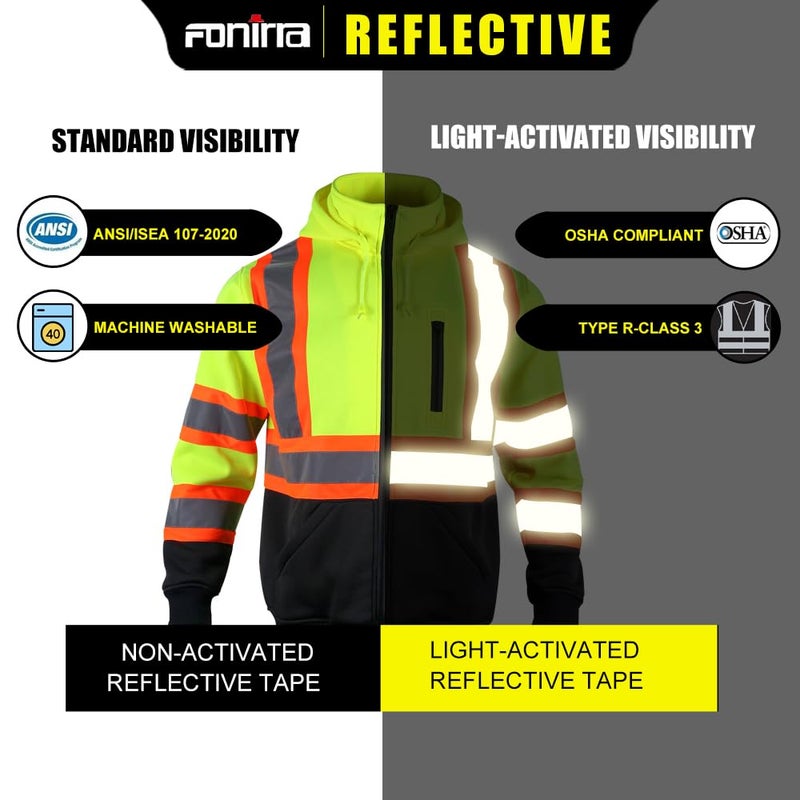 FONIRRA Hi Vis Safety Fleece Zip Hoodie للرجال بلوزات عاكسة ANSI Class 3 سترات قابلة للفصل (أصفر، XL) - Image 5